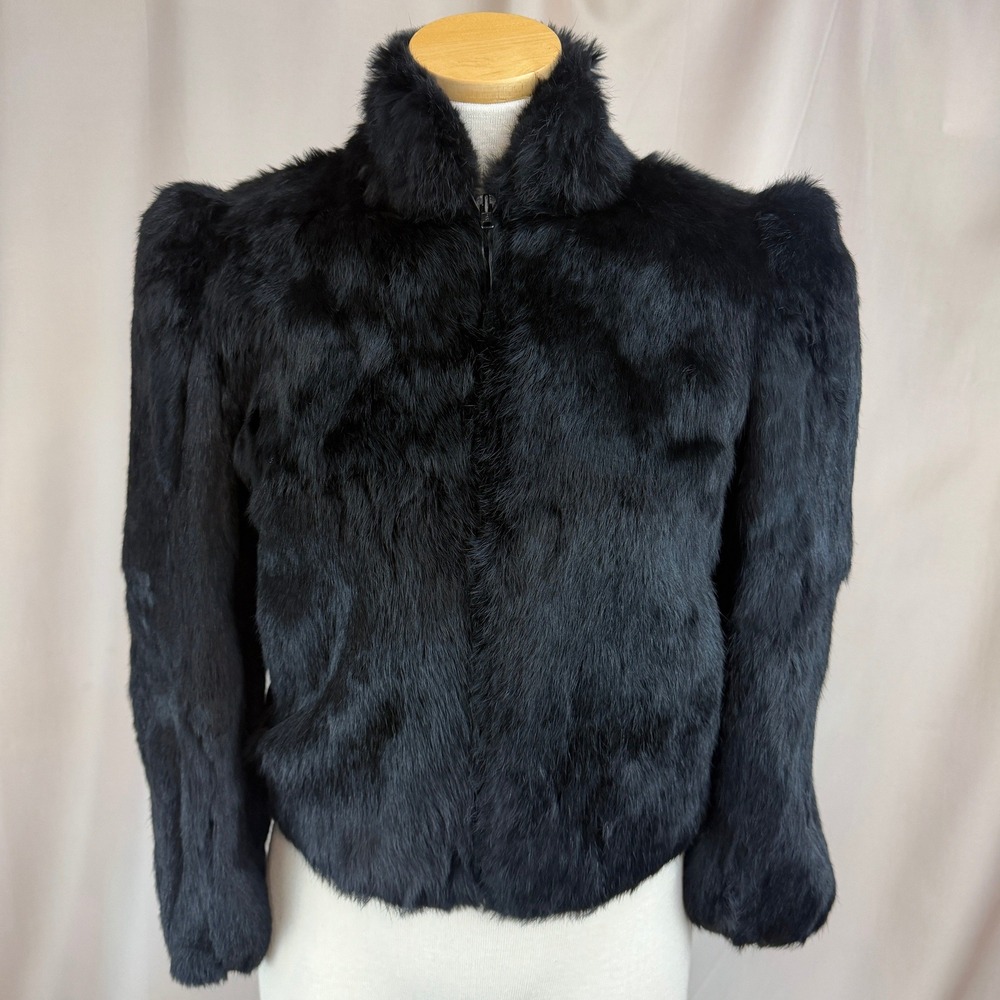 Vintage PRINCESS CARAVELLE Rabbit Fur Coat|S|Puff Sleeve Black Zip Pockets-READ